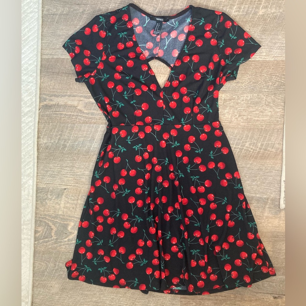Forever21 | Cherry Fruit Print Cut Out Short Sleeve Summer Dress